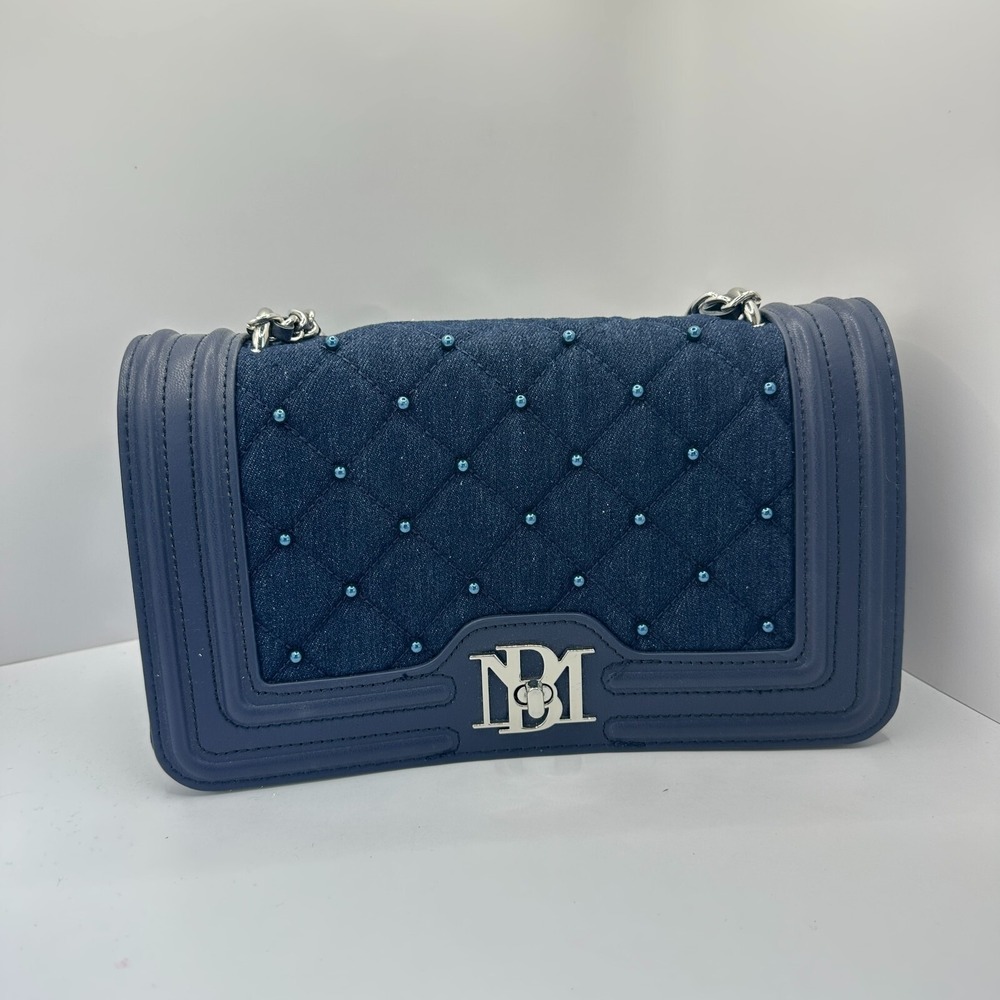 NEW Badgley Mischka Denim Pearls Crossbody Bag Purse Blue Quilted Jean Statement - Picture 2 of 6